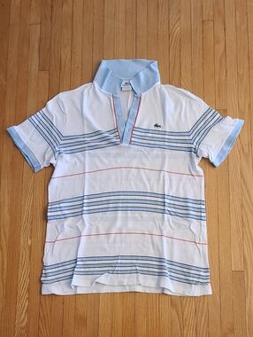 2 for $50 - Lacoste Men's 6 White, Blue & Red Cotton Short Sleeve Polo Shirt
